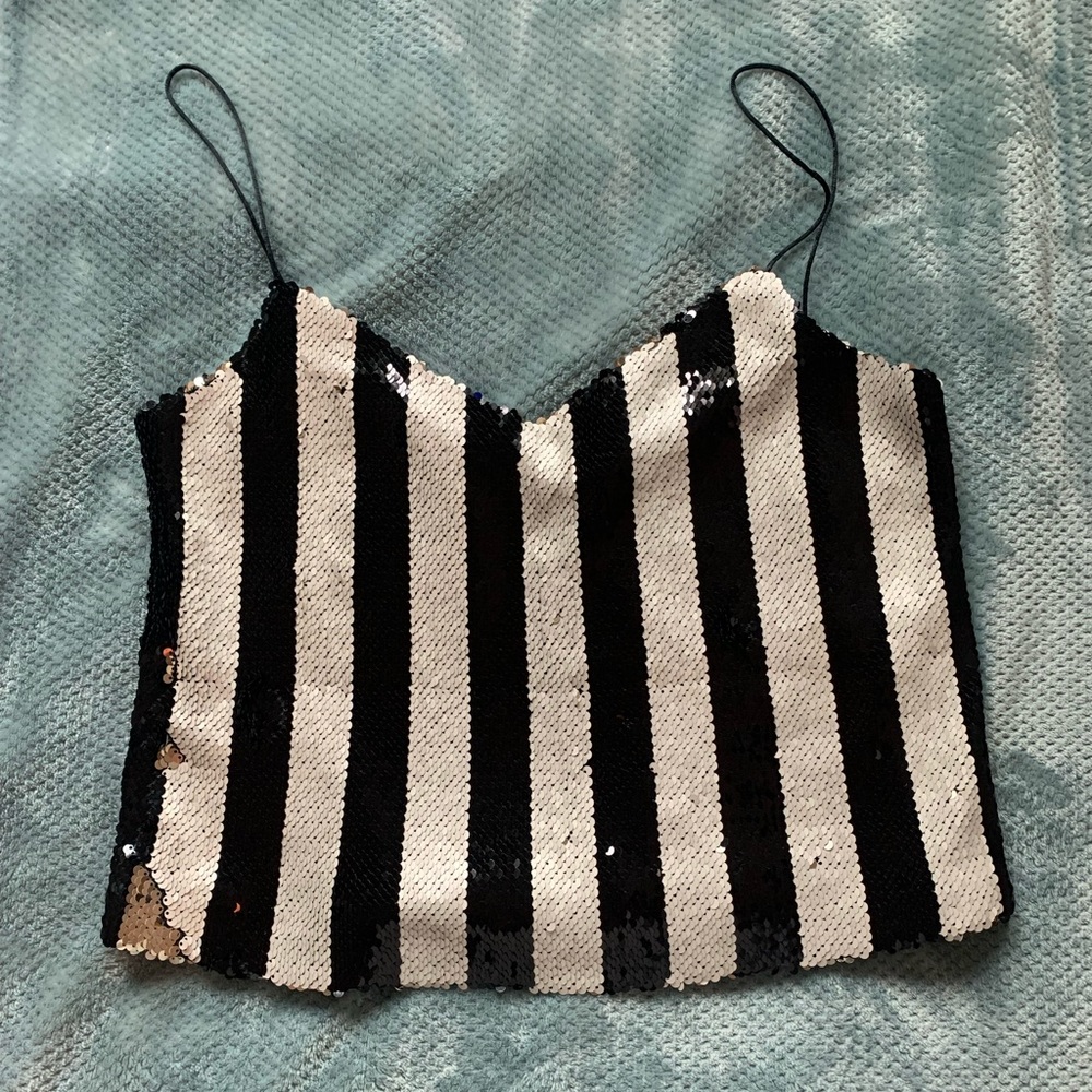 Zara Black and White Striped Sequin Top